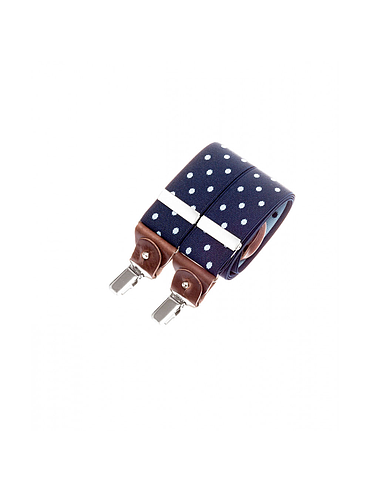 Wide suspenders with leather details – Large sky blue polka-dots